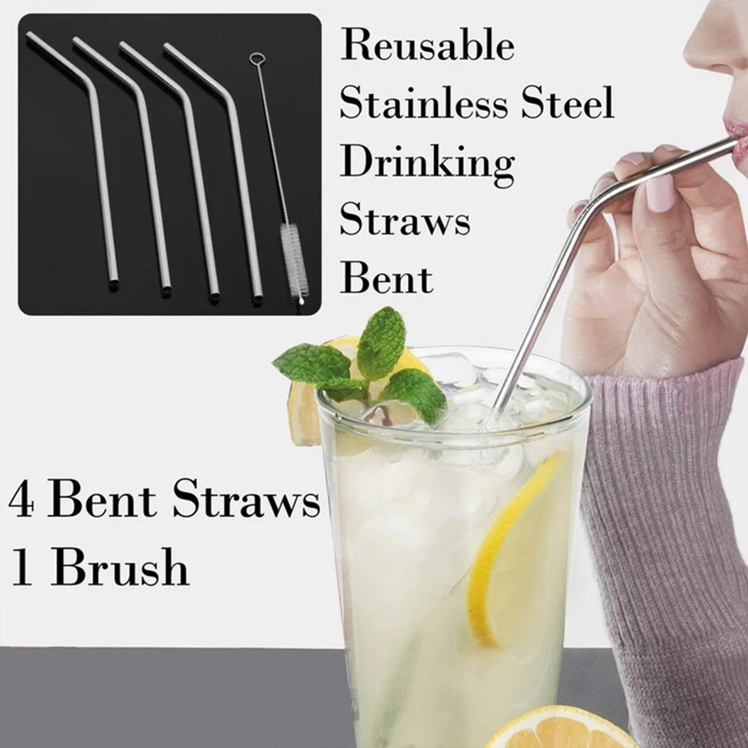 Reusable Stainless Steel Drinking Straws Bent (4 Bent Straws, 1 Brush) (Pack of 2)