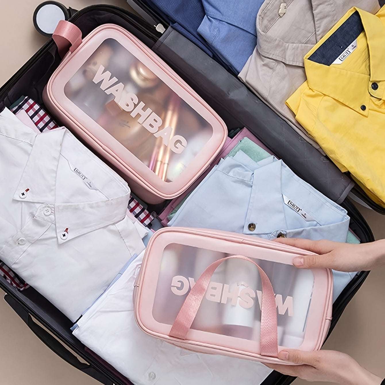 3PCs Set PVC Waterproof Toiletry Bag, Large Capacity Toiletry Bag, Portable Handheld Makeup Bag, Travel Storage Bag, Cosmetic/Toiletry Organizer