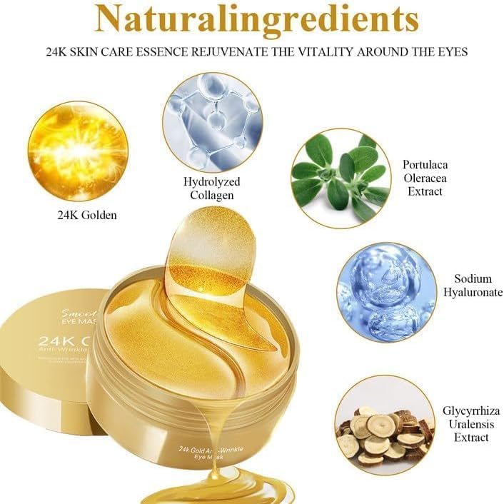 24K Gold Eyes Mask- Puffy Eye & Dark Circles Treatments,Reduce Under Eye Bags and Smooth Wrinkles, Skin Care Pads