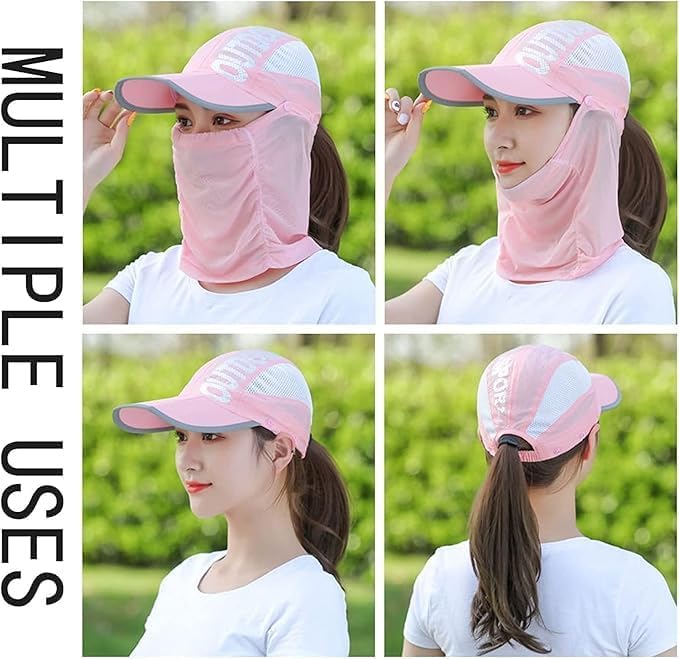 Face Mask With Cap - Cap With Face Protector - Cap Mask for Summer - UV Sun Protection Block Hat Face Cover Scarf With Cap - Summer Sun Protection Cap Mask - Face Cover Scarf With Cap Nylon - cap with big mask