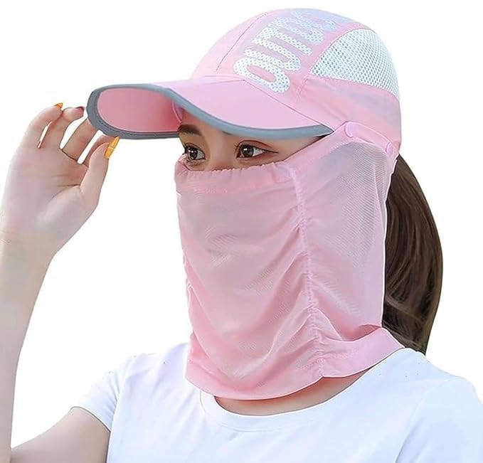 Face Mask With Cap - Cap With Face Protector - Cap Mask for Summer - UV Sun Protection Block Hat Face Cover Scarf With Cap - Summer Sun Protection Cap Mask - Face Cover Scarf With Cap Nylon - cap with big mask