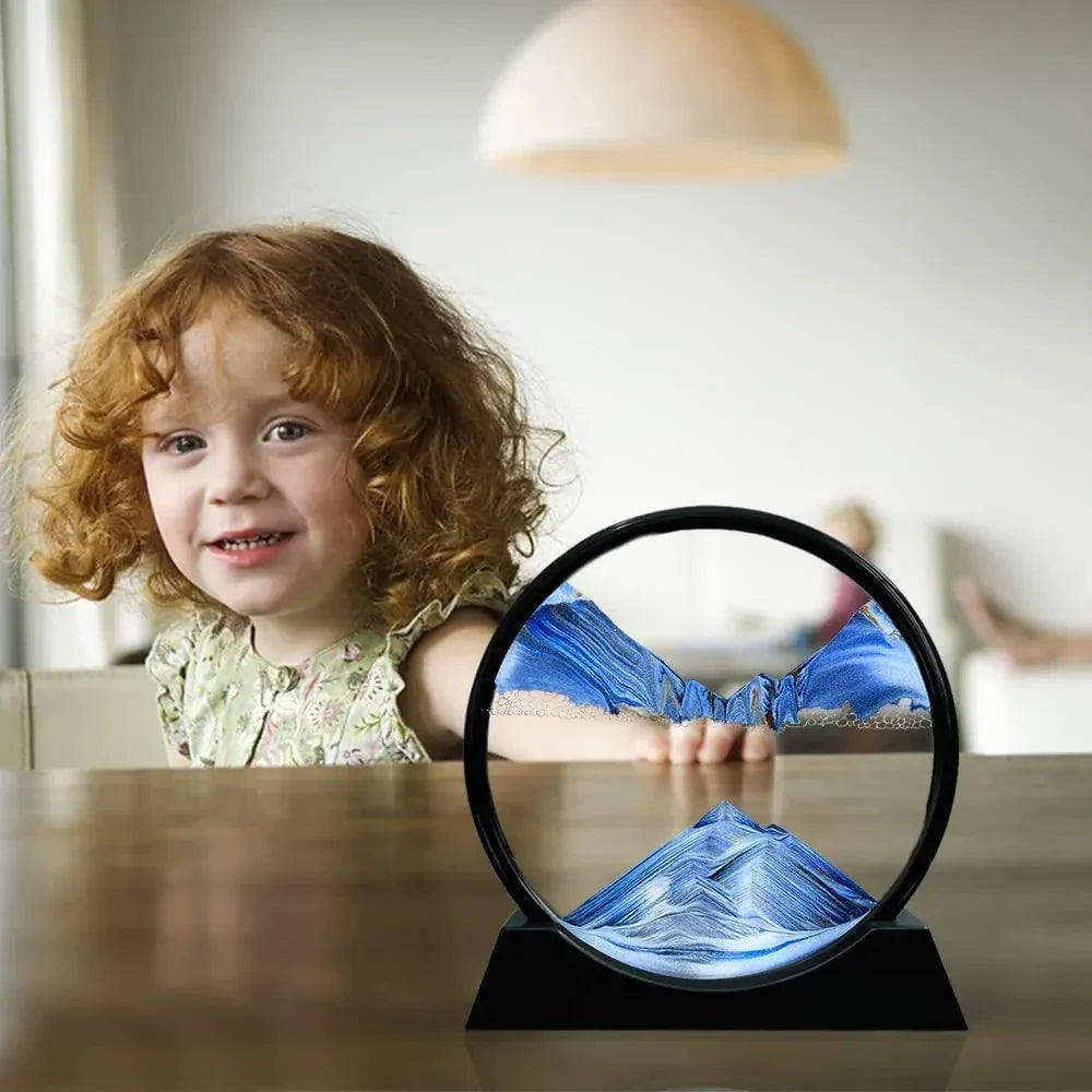 Moving Sand Art Picture, Liquid Motion 3D Sandscape, Glass Painting with Natural Landscape(BLUE)