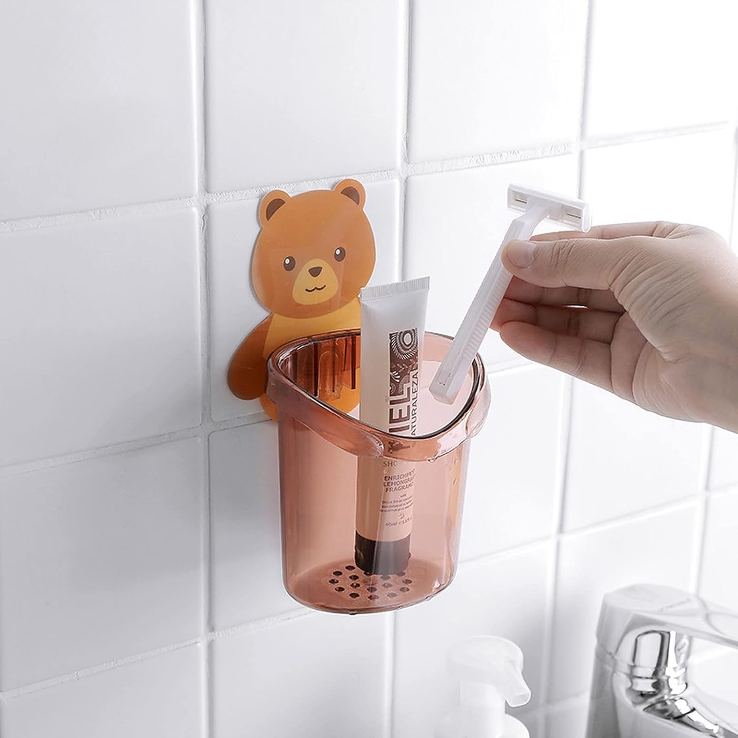 Cartoon Bear Self-adhesive Toothbrush Holder - 1 Pc