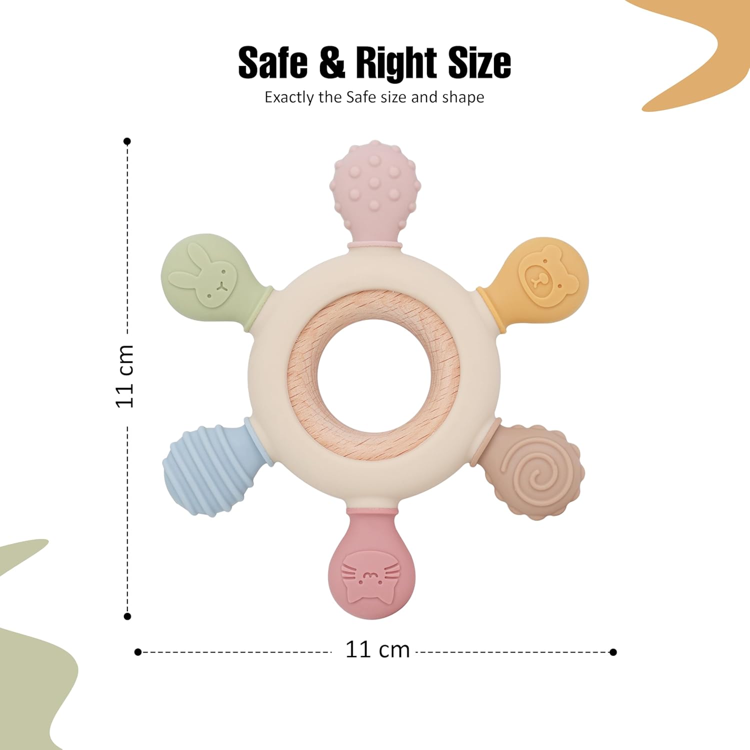 Silicon & Wood Teether for 3+ Months Baby, BPA Free, Beige, infants