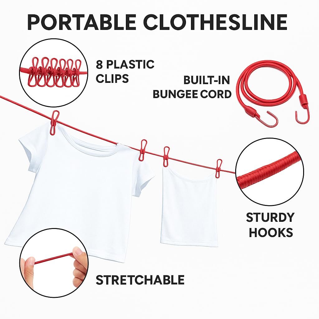 Cloth Drying Rope with 12 Clips & Hooks