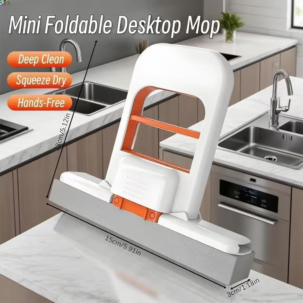 Mini Foldable Sponge Mop | Self-Squeeze Desk Mop for Wet & Dry Cleaning | Compact Portable for Kitchen Counter, Bathroom Glass, Office Desk & Tabletop Surfaces