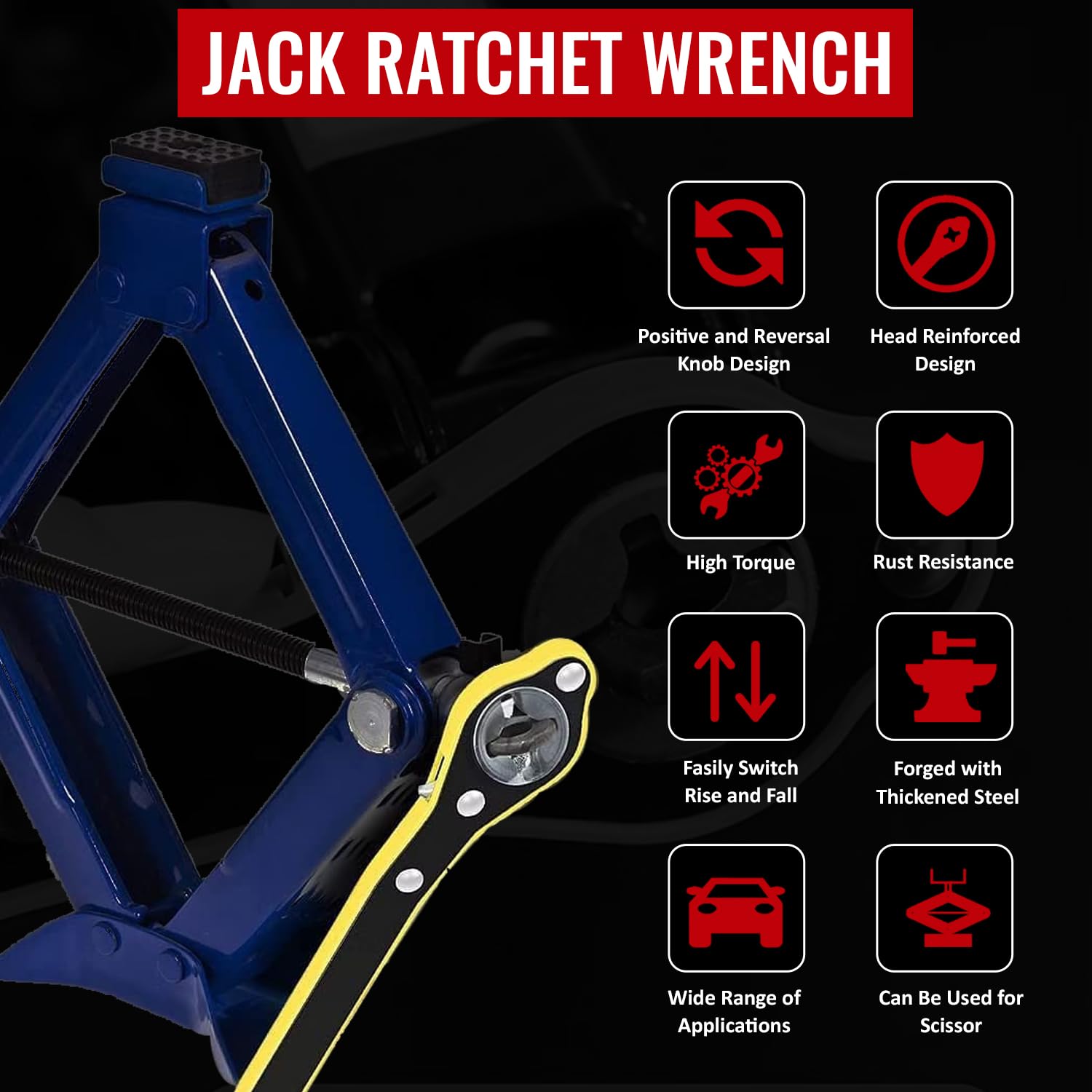 360° Swivel Ratchet Wrench for Scissor Jack | Labor-Saving Car Jack Handle Tool with Reversible Knob & Long Grip