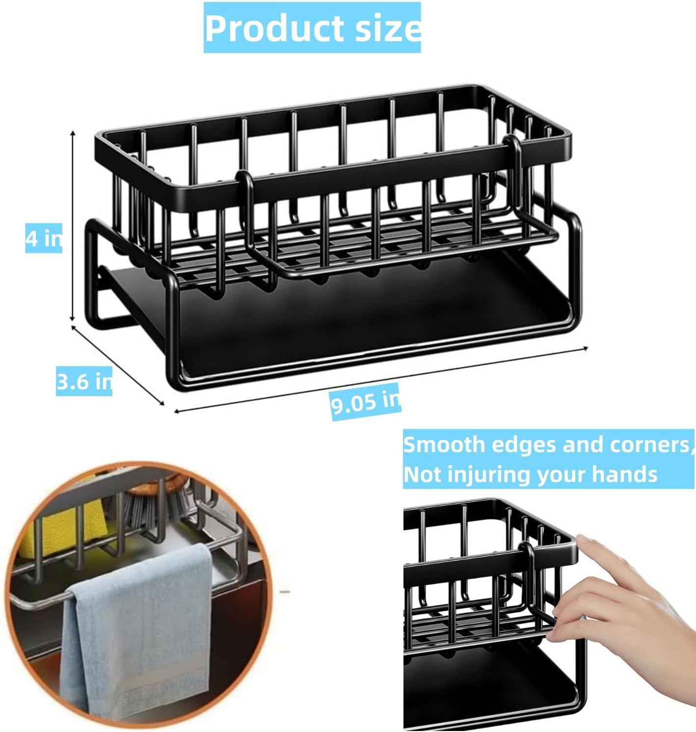 Metal Sponge Holder for Kitchen Sink – Auto-Draining Sink Organizer Caddy with Soap Tray, Dish Brush & Towel-Bar Holder, Kitchen Storage Rack