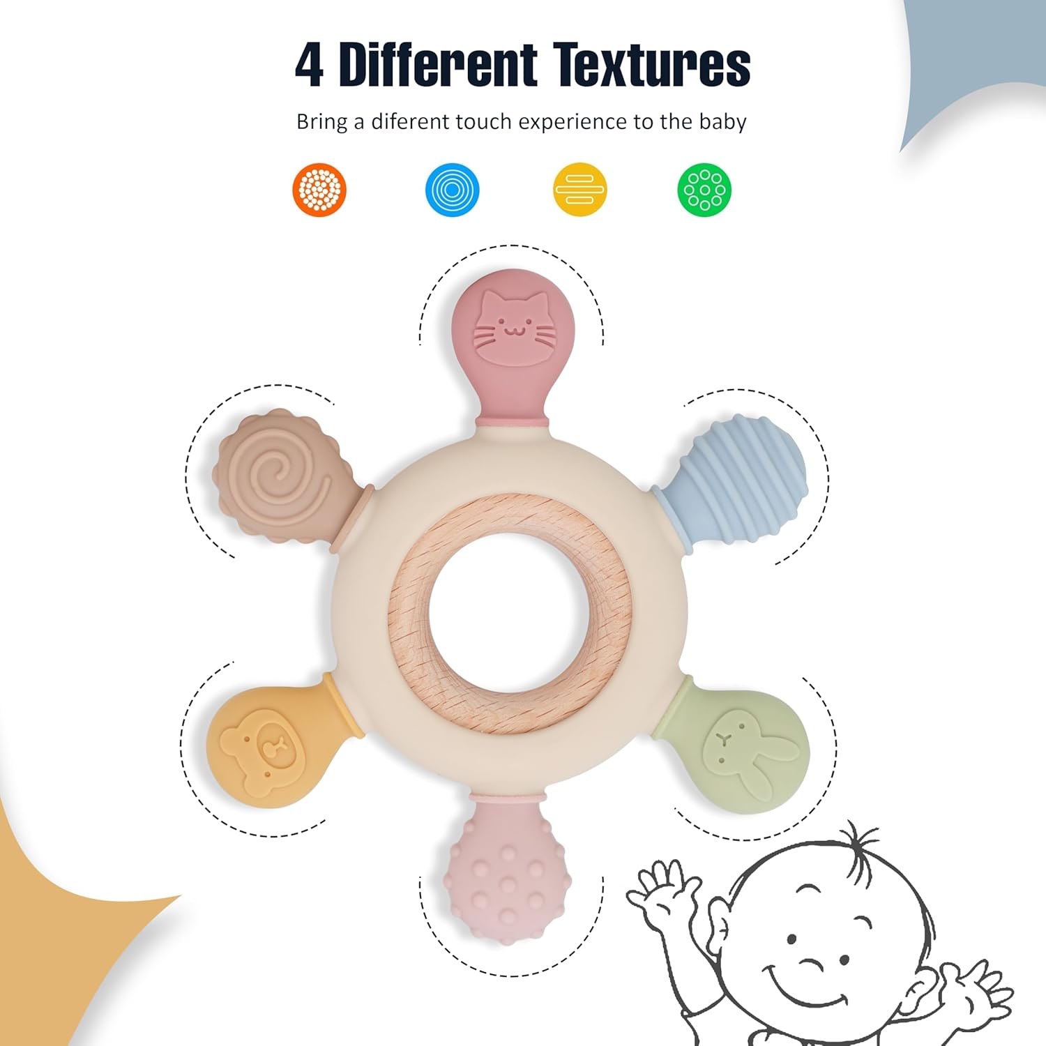 Silicon & Wood Teether for 3+ Months Baby, BPA Free, Beige, infants