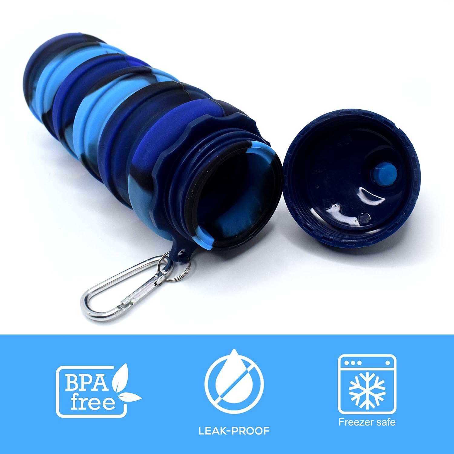 Flexible Collapsible Silicone Sports, Trekking, Cycling, Gym, School Water Bottle Expandable And Foldable With Snap Hook, Navy Blue bottle