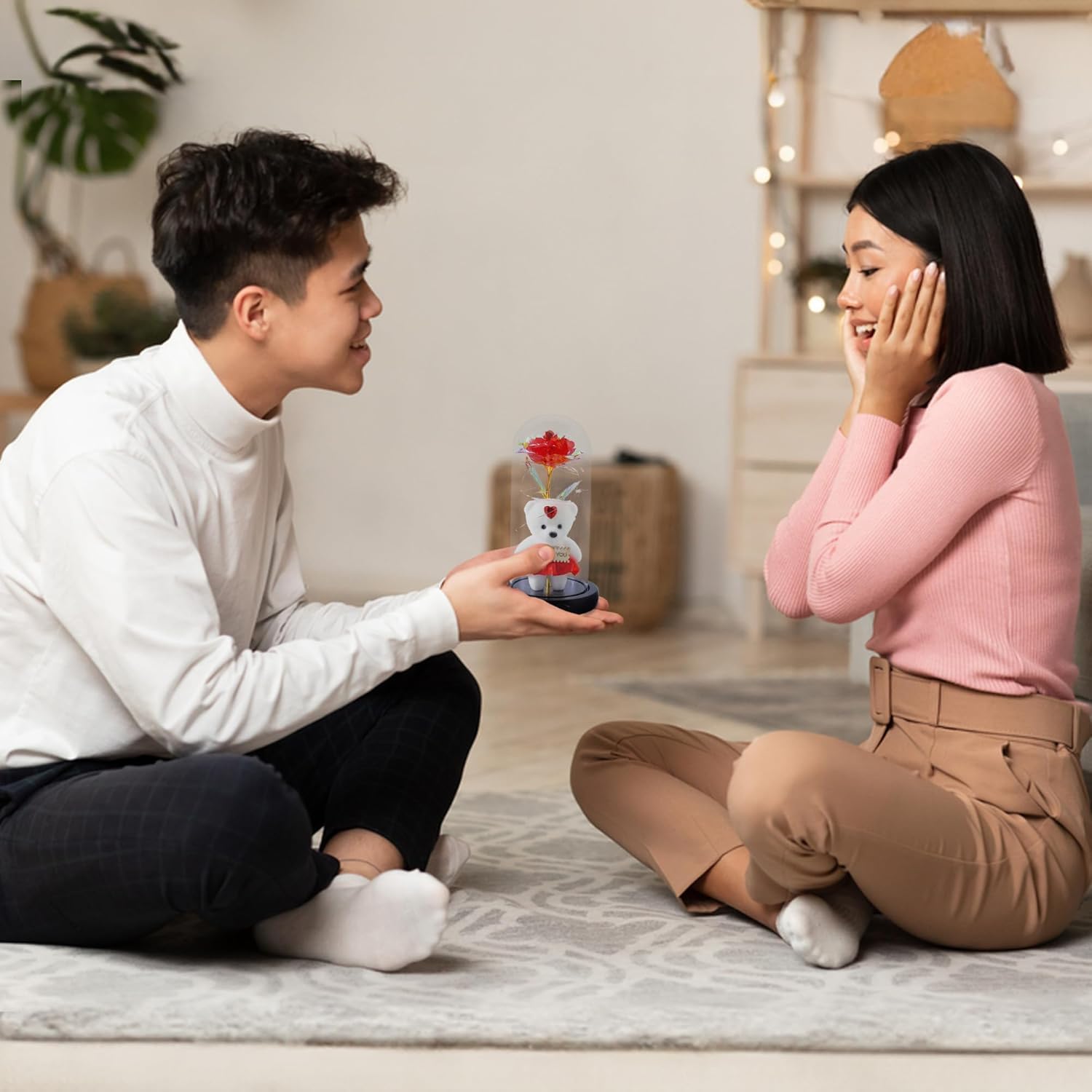 Rose with Teddy Bear & LED Light in Borosilicate Glass Dome – Romantic Gift for Wife, Girlfriend, Mom | Birthday, Anniversary, Mother’s Day | Mood Lighting Decoration