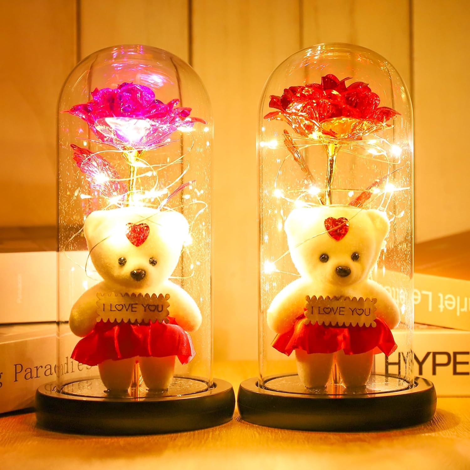 Rose with Teddy Bear & LED Light in Borosilicate Glass Dome – Romantic Gift for Wife, Girlfriend, Mom | Birthday, Anniversary, Mother’s Day | Mood Lighting Decoration