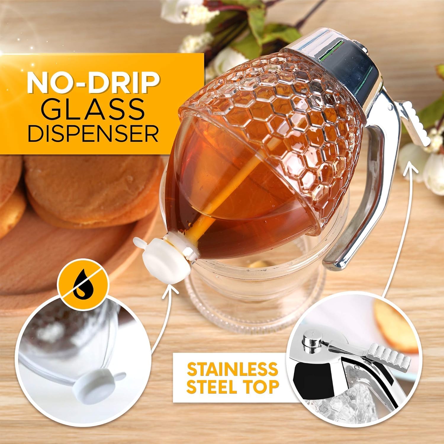 Acrylic Container with Cup, Syrup and Sugar Pot,No Drip Clear Honey Dispenser, Beautiful Honey Jar with Stand, Honey Bottle for Kitchen