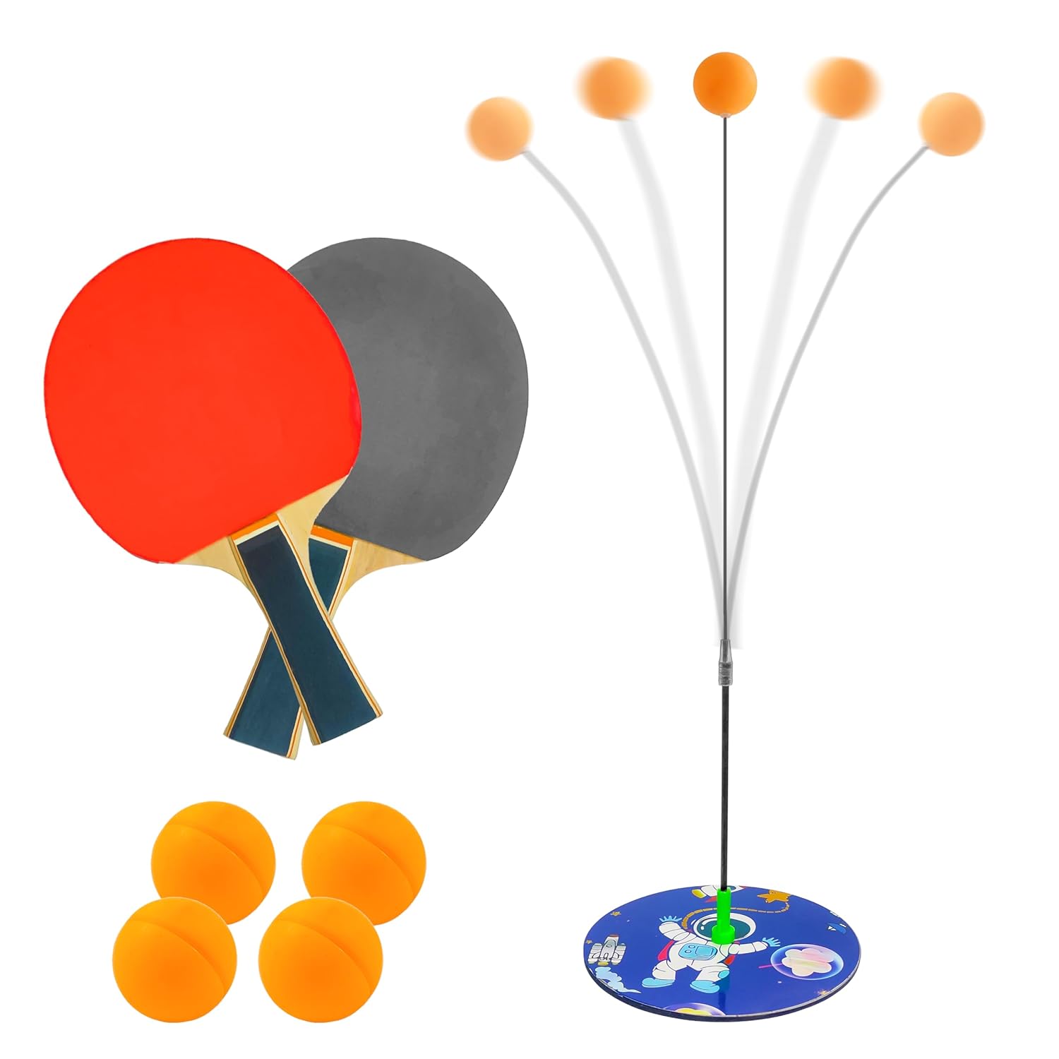 Height Adjustable Standing Table Tennis Trainer Set Toy for Kids and Adults with 4 Ping Pong Balls and 2 Wooden Rackets