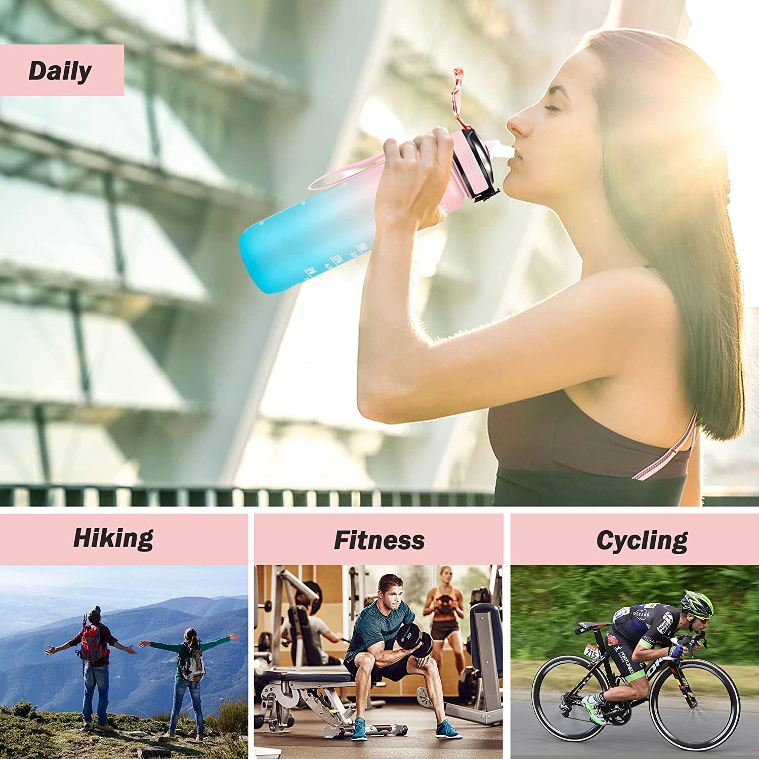 Plastic Colorful Motivational Water Bottle with Straw (900 ML)