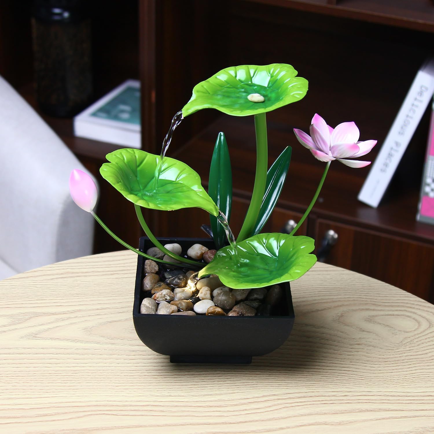 Waterfall Fountain Indoor Water Fountain 3-Tier Lotus Desk Fountain Relaxation Tabletop Fountain Home Decor Including Lots of Rocks and Soothing Sound Machine (Green), Iron,Polyvinyl Chloride