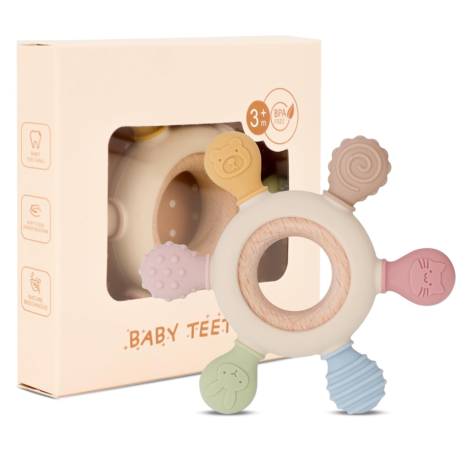 Silicon & Wood Teether for 3+ Months Baby, BPA Free, Beige, infants