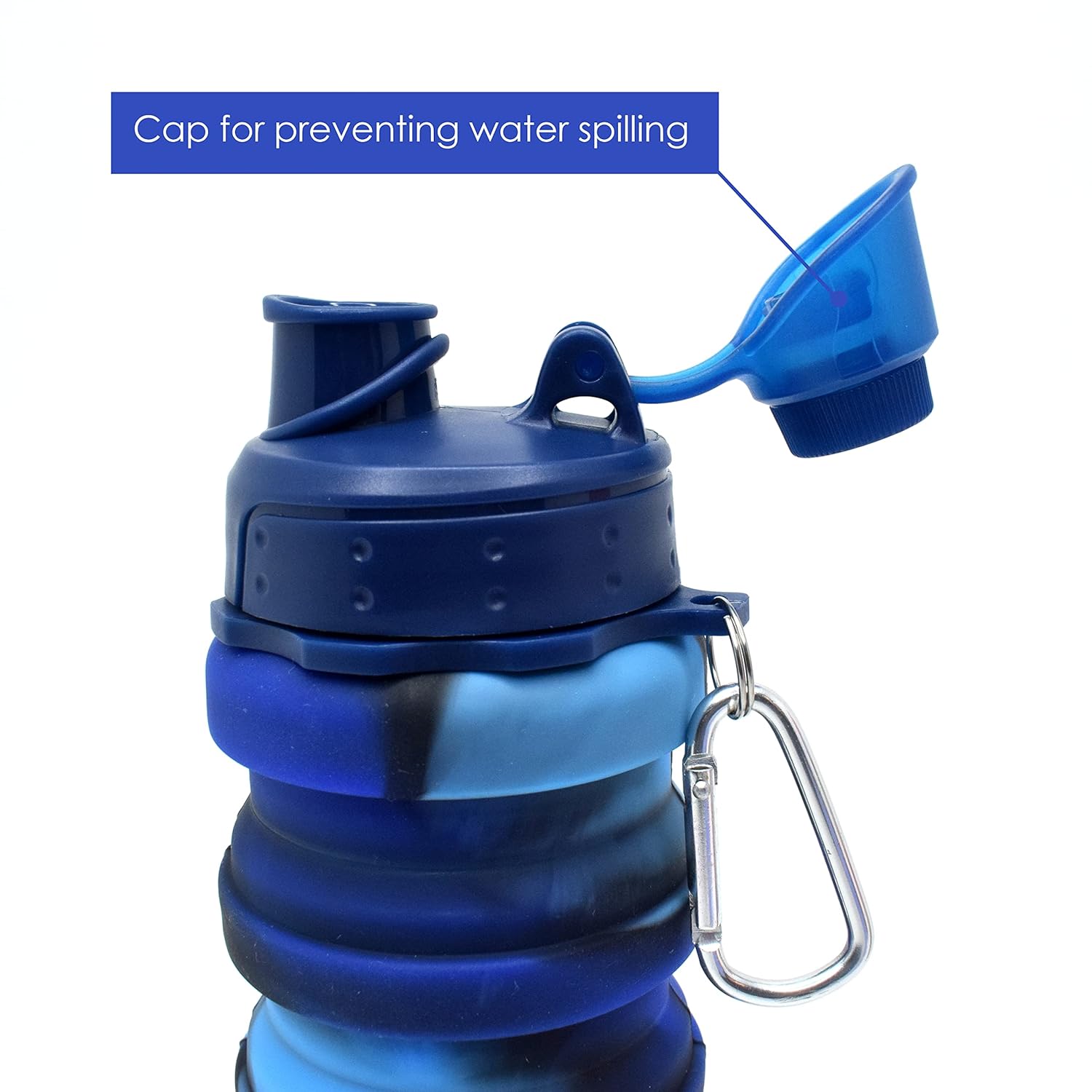 Flexible Collapsible Silicone Sports, Trekking, Cycling, Gym, School Water Bottle Expandable And Foldable With Snap Hook, Navy Blue bottle