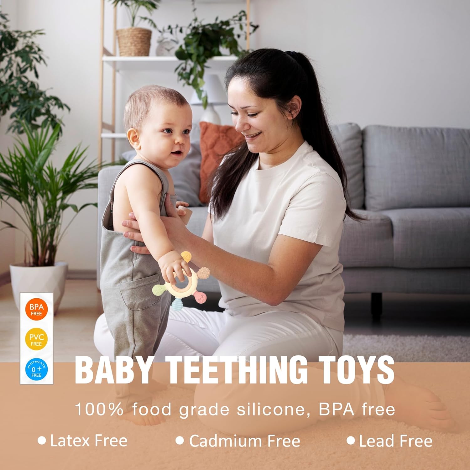 Silicon & Wood Teether for 3+ Months Baby, BPA Free, Beige, infants