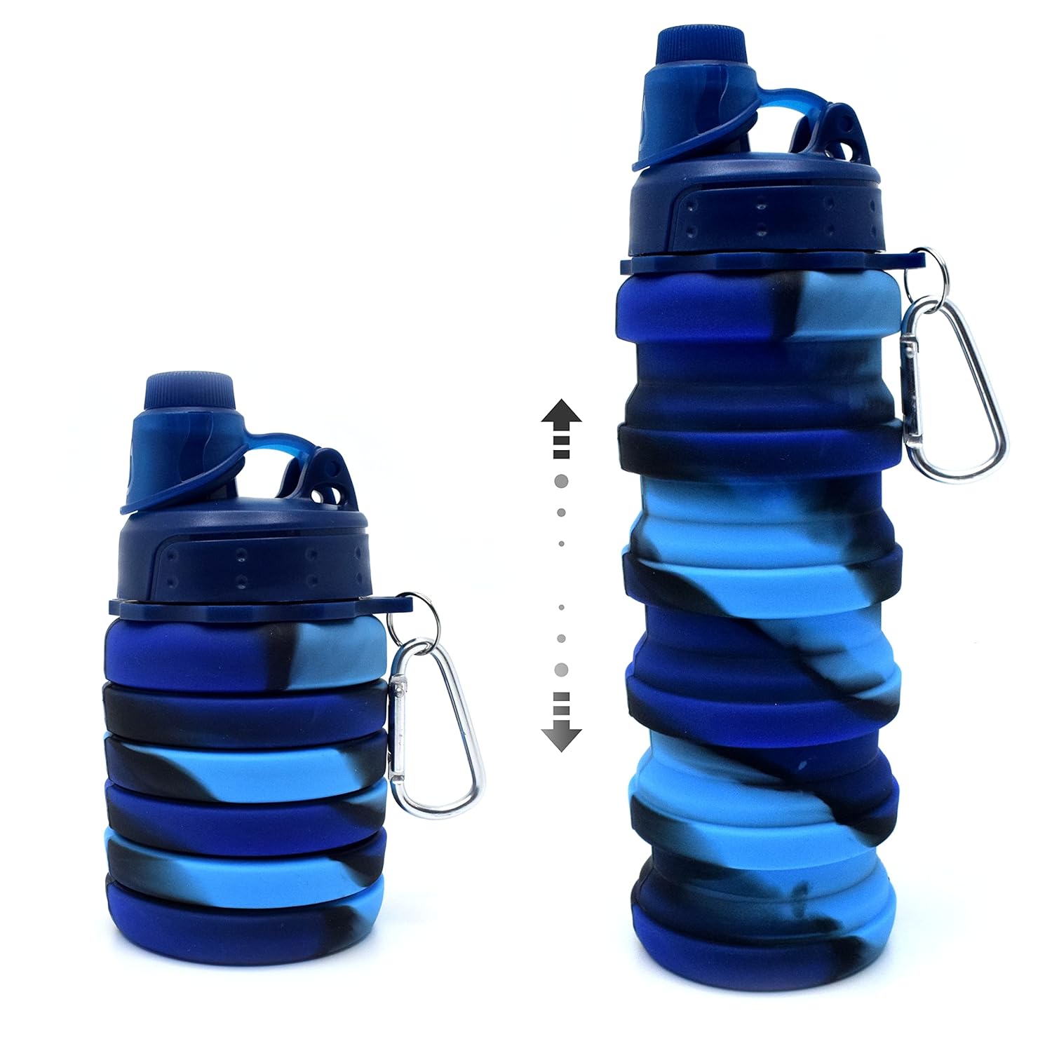 Flexible Collapsible Silicone Sports, Trekking, Cycling, Gym, School Water Bottle Expandable And Foldable With Snap Hook, Navy Blue bottle