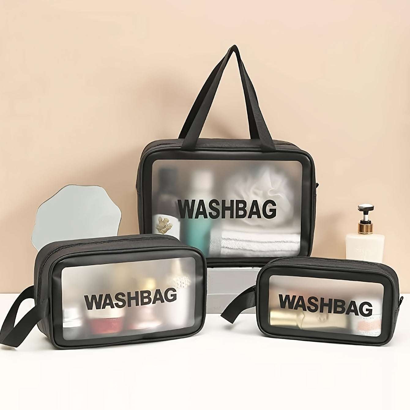 3PCs Set PVC Waterproof Toiletry Bag, Large Capacity Toiletry Bag, Portable Handheld Makeup Bag, Travel Storage Bag, Cosmetic/Toiletry Organizer