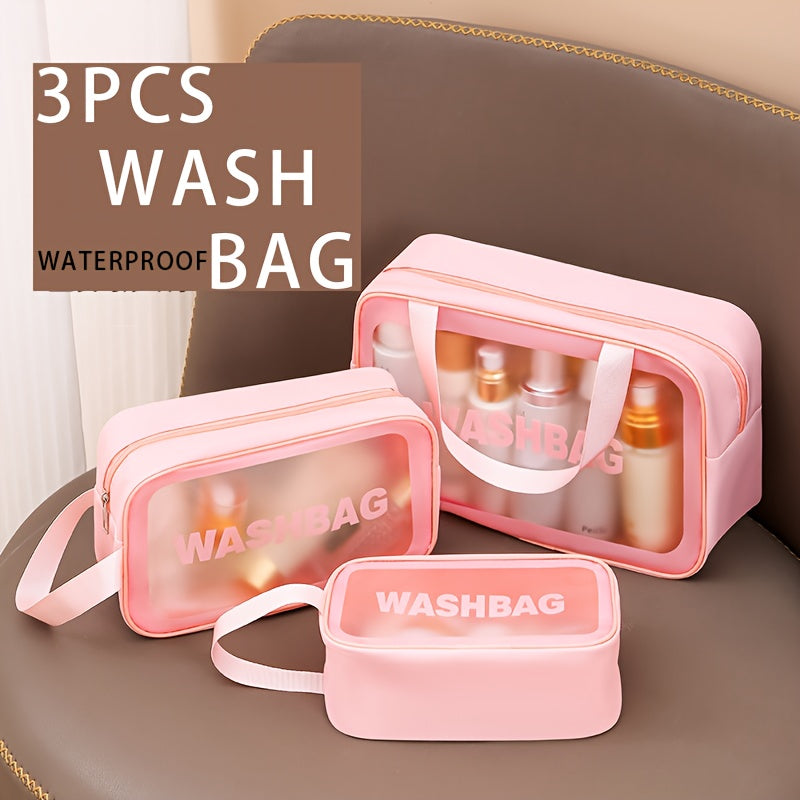 3PCs Set PVC Waterproof Toiletry Bag, Large Capacity Toiletry Bag, Portable Handheld Makeup Bag, Travel Storage Bag, Cosmetic/Toiletry Organizer